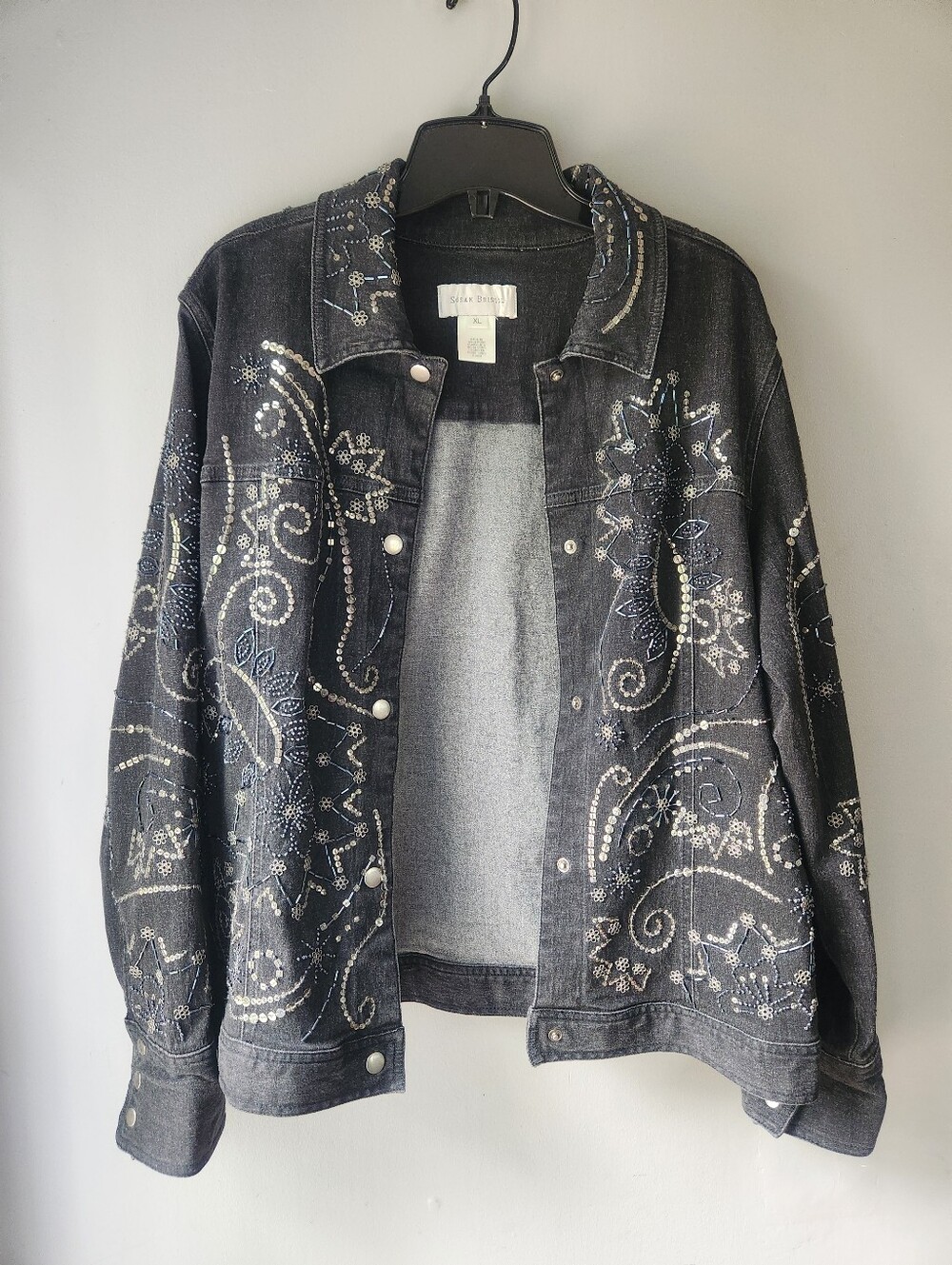Susan Bristol Black Denim Jacket w Floral Paisley Beaded Sequins - Picture 11 of 16